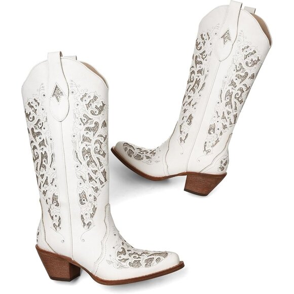 Women White Pointed Toe Pull On Rhinestones Chunky Heel Knee High Western Boots - Picture 4 of 7